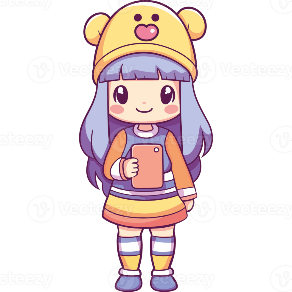 A cartoon girl with blue hair and a yellow hat png