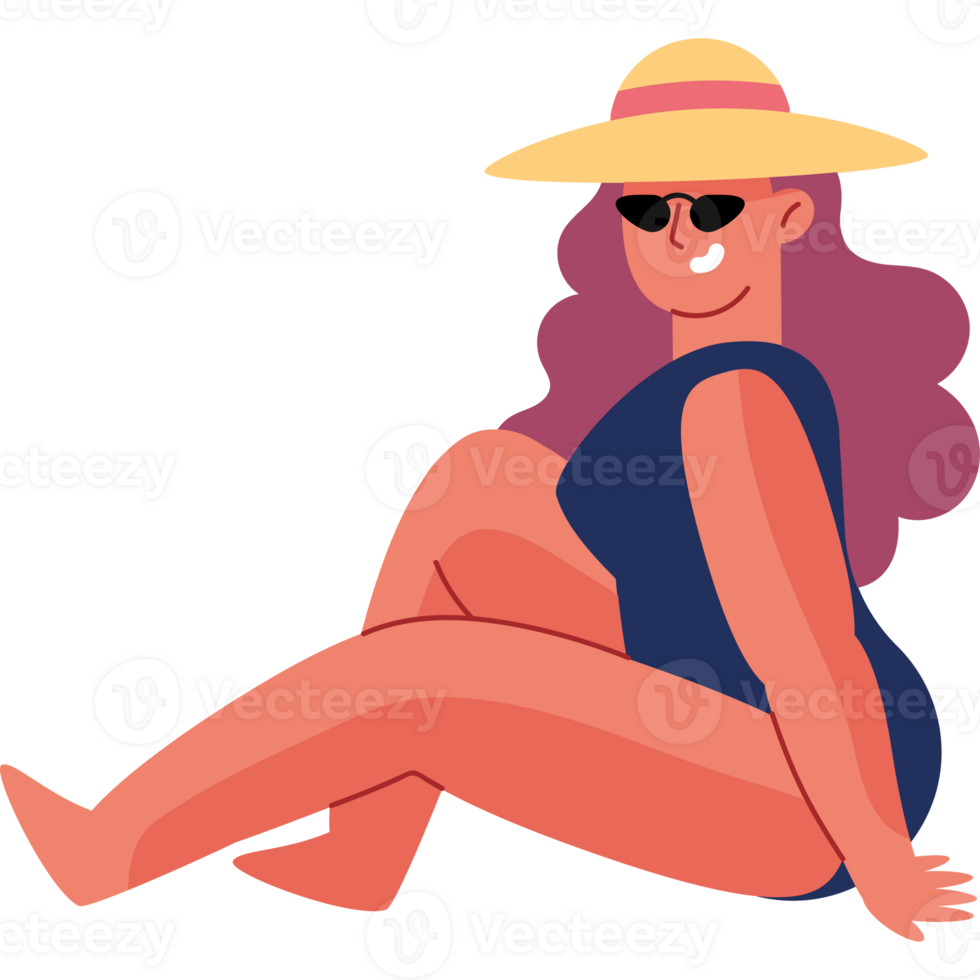 A cartoon woman in a hat and swimsuit sitting on the ground png