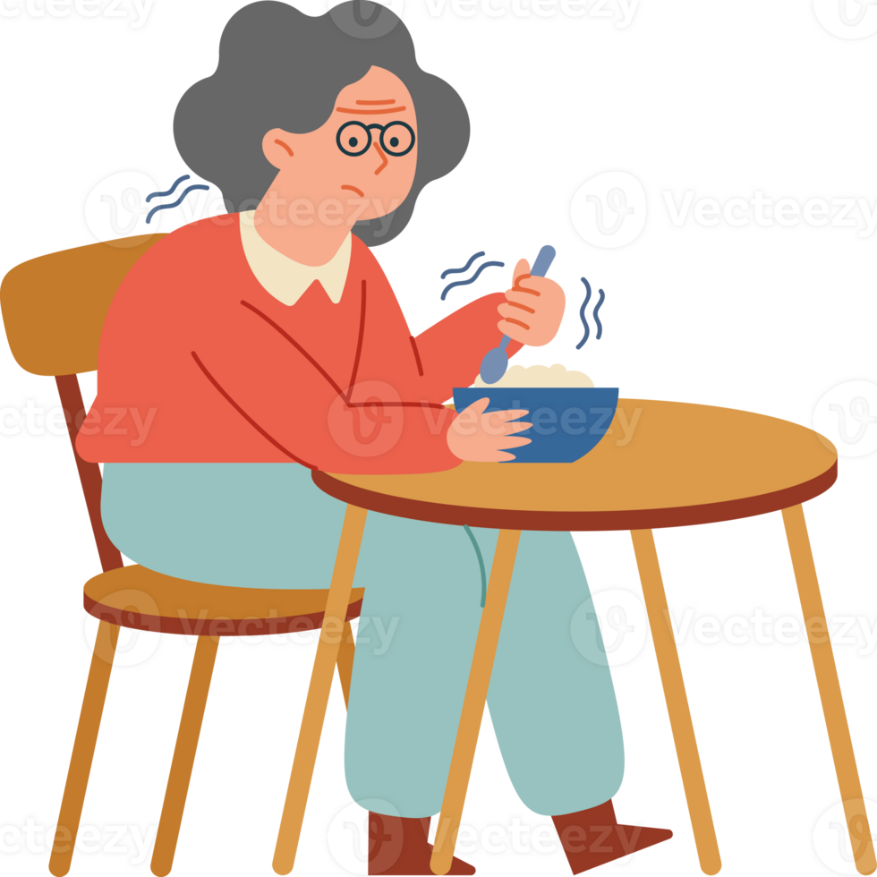 An elderly woman sitting at a table with a bowl of soup png