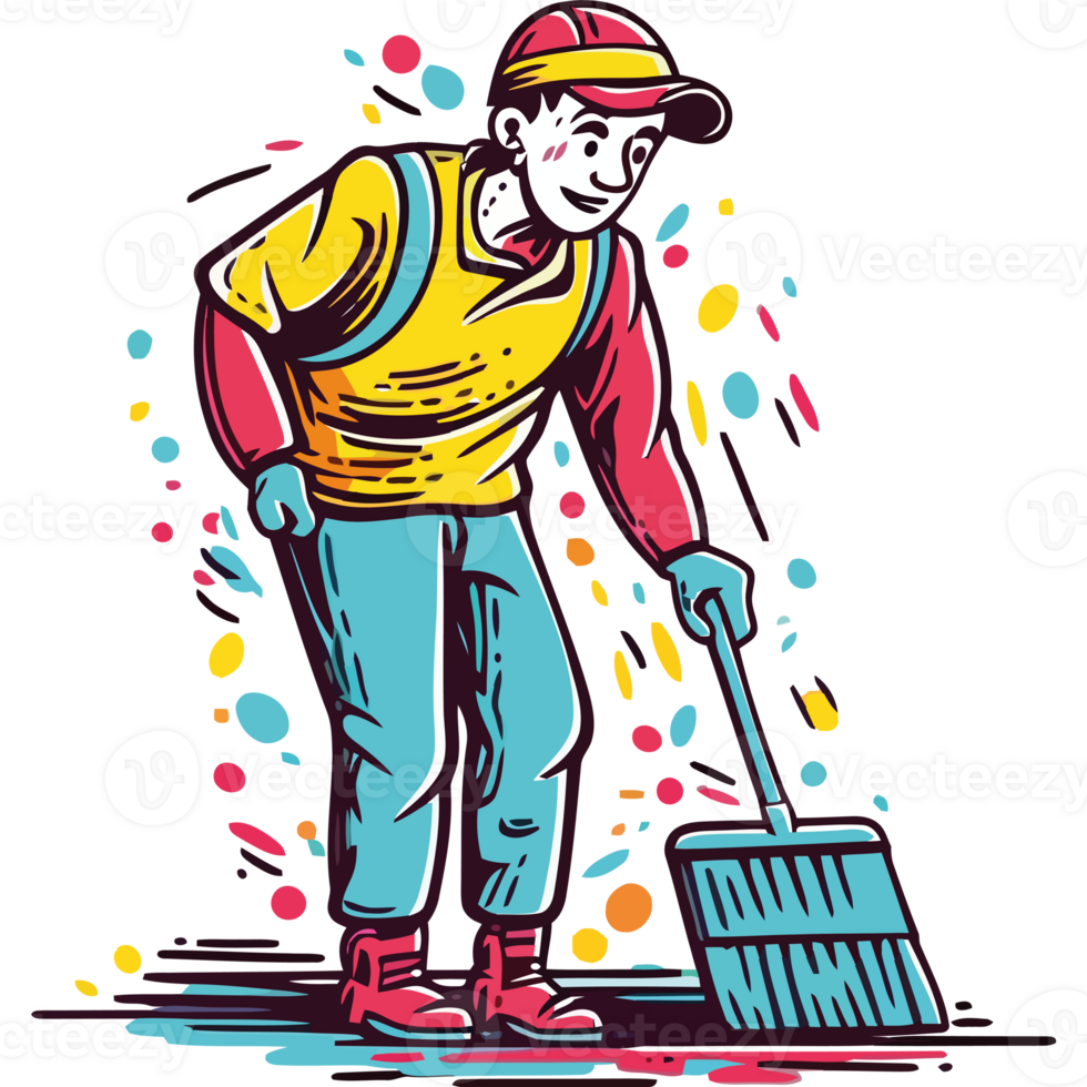 A man with a broom and a bucket png