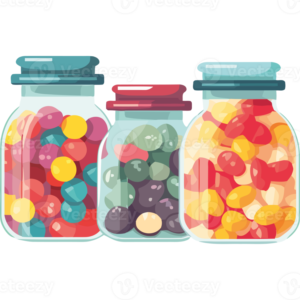 Three jars with different colored candies png