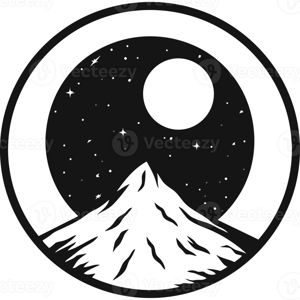 A black and white mountain with a moon in the sky png
