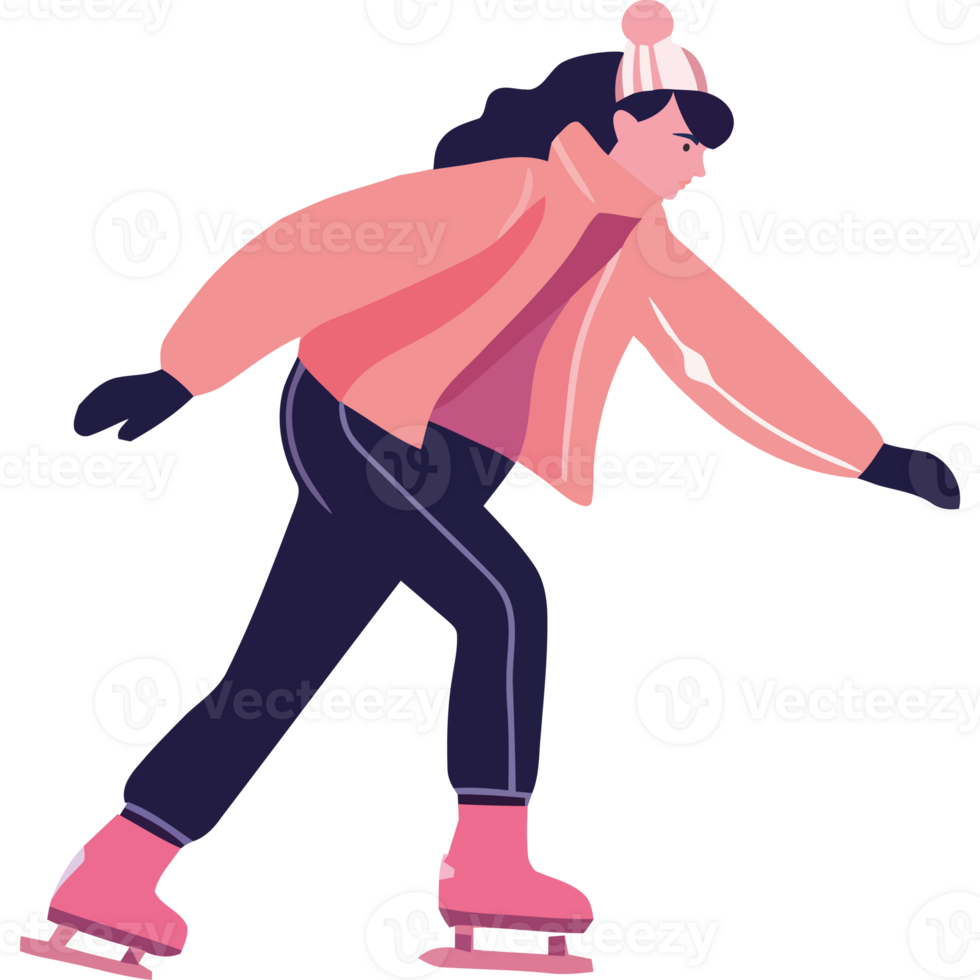 A woman in pink jacket and black pants is skating on ice png
