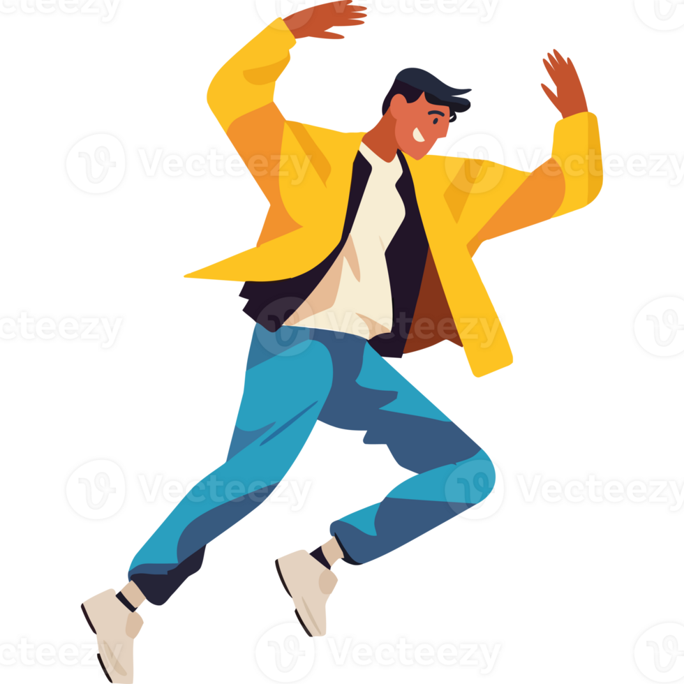 A man in a yellow jacket and blue jeans is jumping png