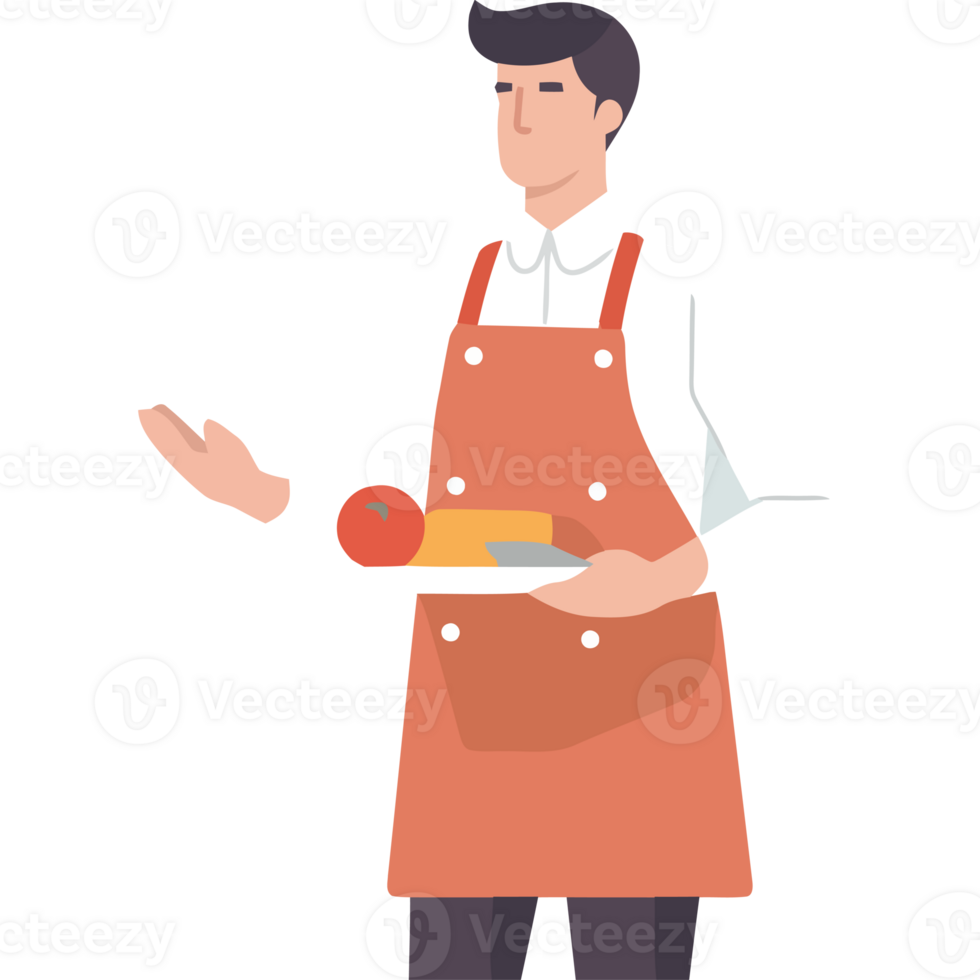A man in an apron holding a plate with food png