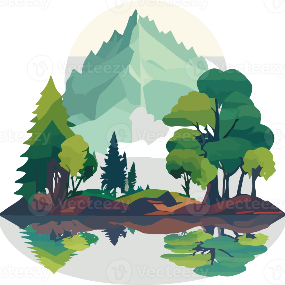 A cartoon illustration of a forest and lake png