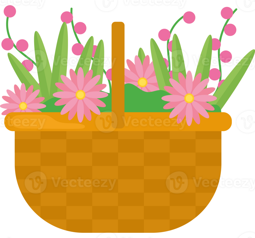 A basket with pink flowers and green leaves png