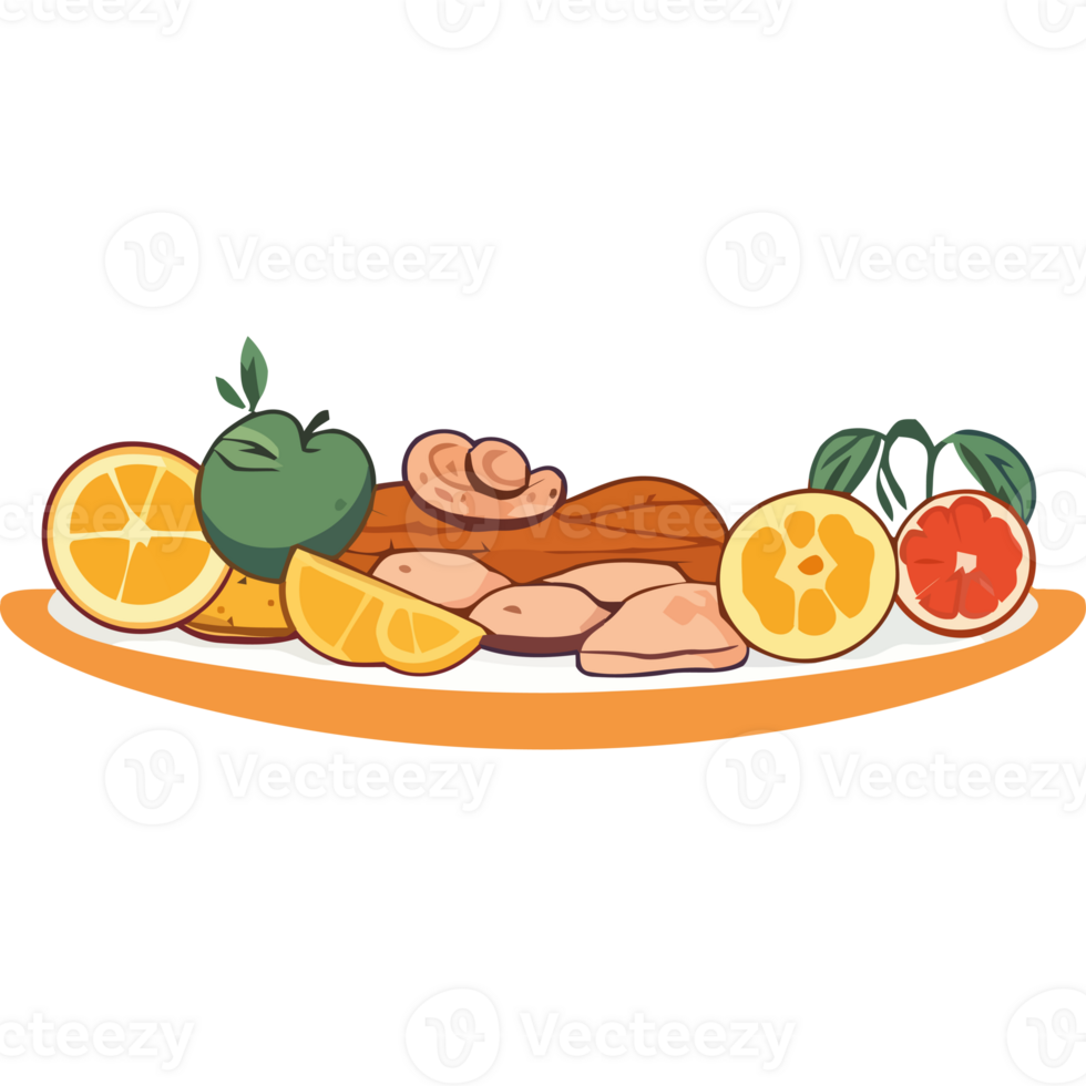 A plate with fruit and meat on it png