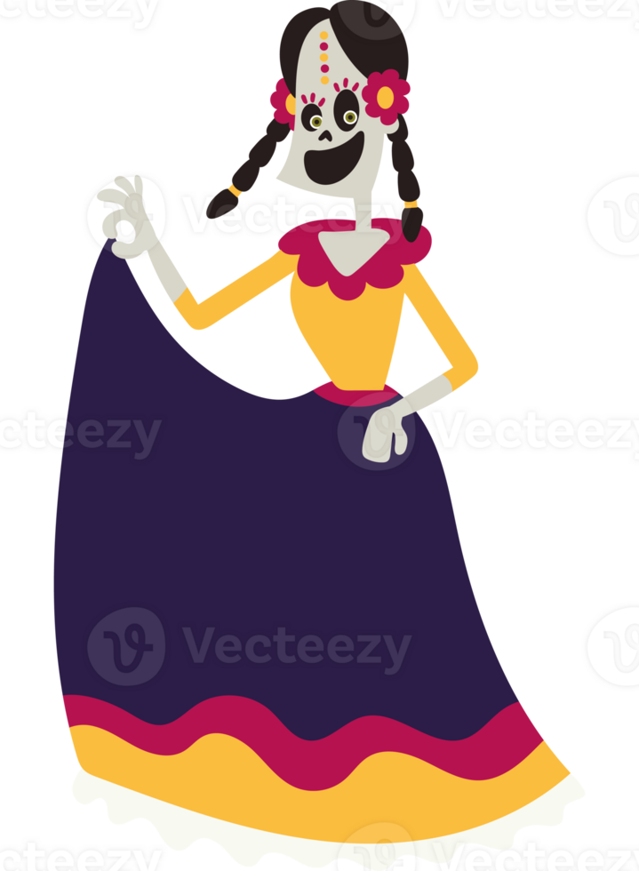 A cartoon skeleton dancer in a colorful dress png