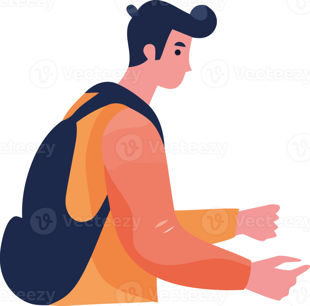 A man with a backpack is pointing to something png