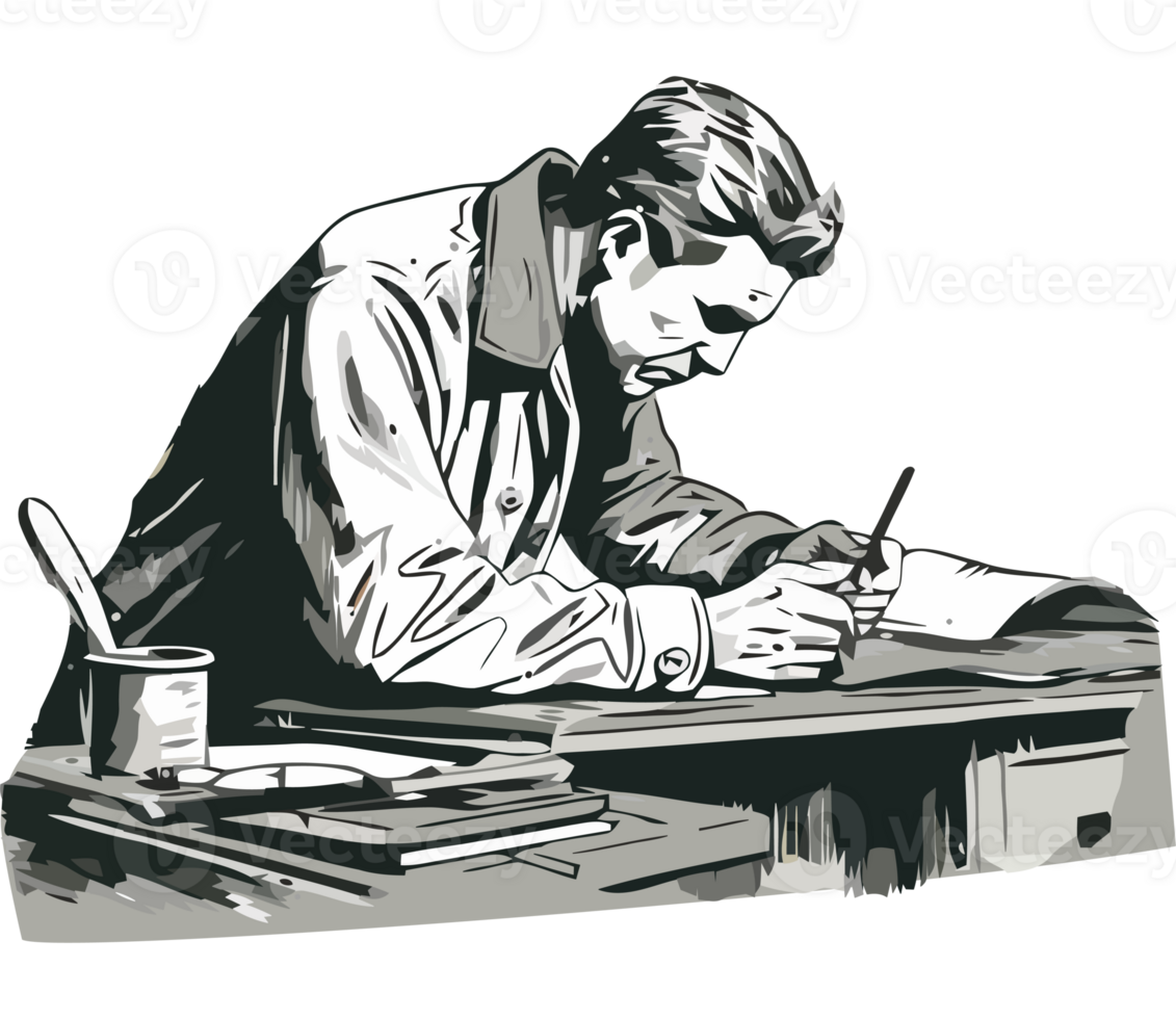 A man writing on a desk with a pen and paper png