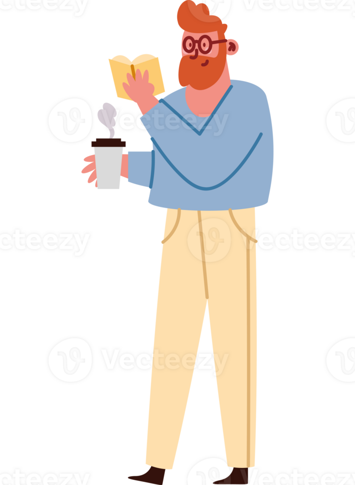 Man reading book and drinking coffee illustration png