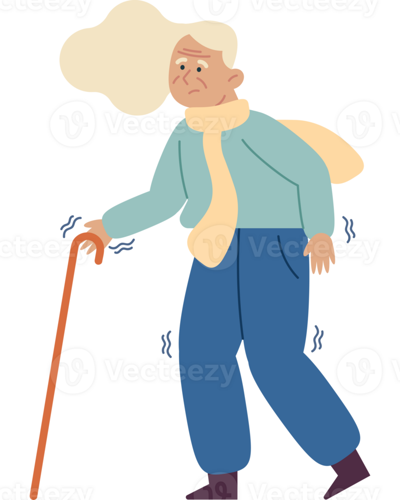 An illustration of an elderly woman walking with a cane png