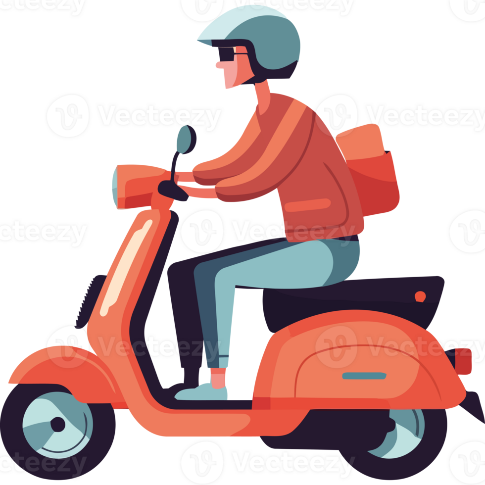 A man riding a scooter with a backpack png