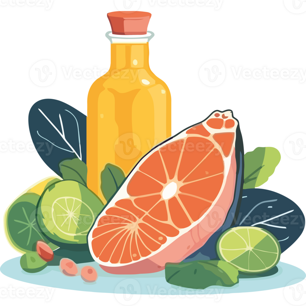 A bottle of oil and a slice of citrus png