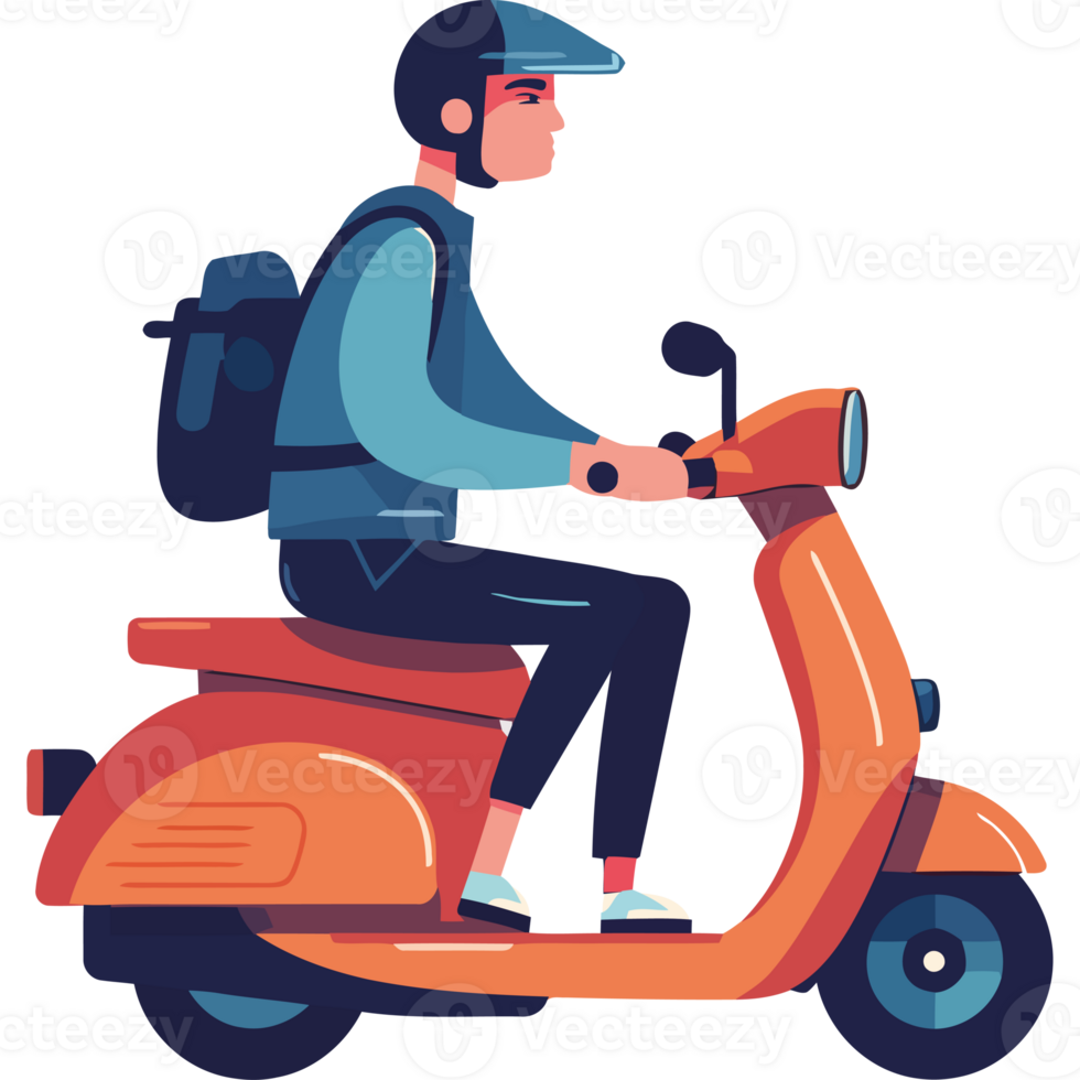 A man riding on a scooter with a backpack png