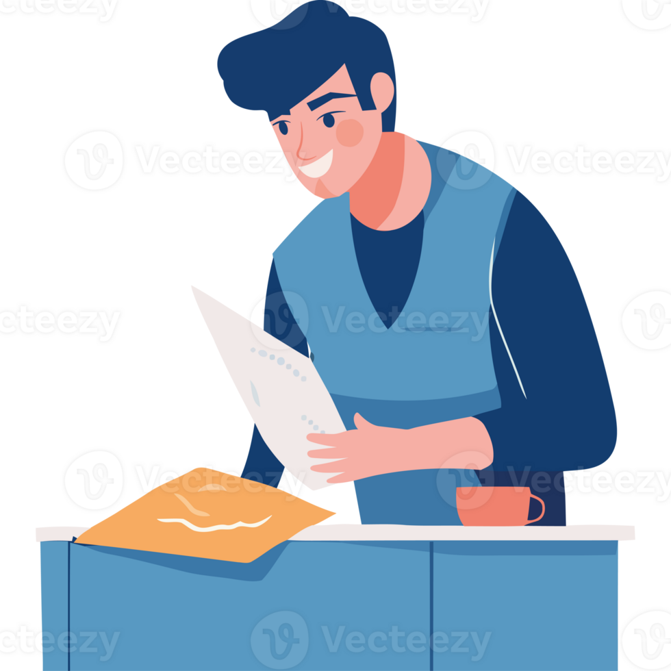 A man is holding a piece of paper and looking at it png