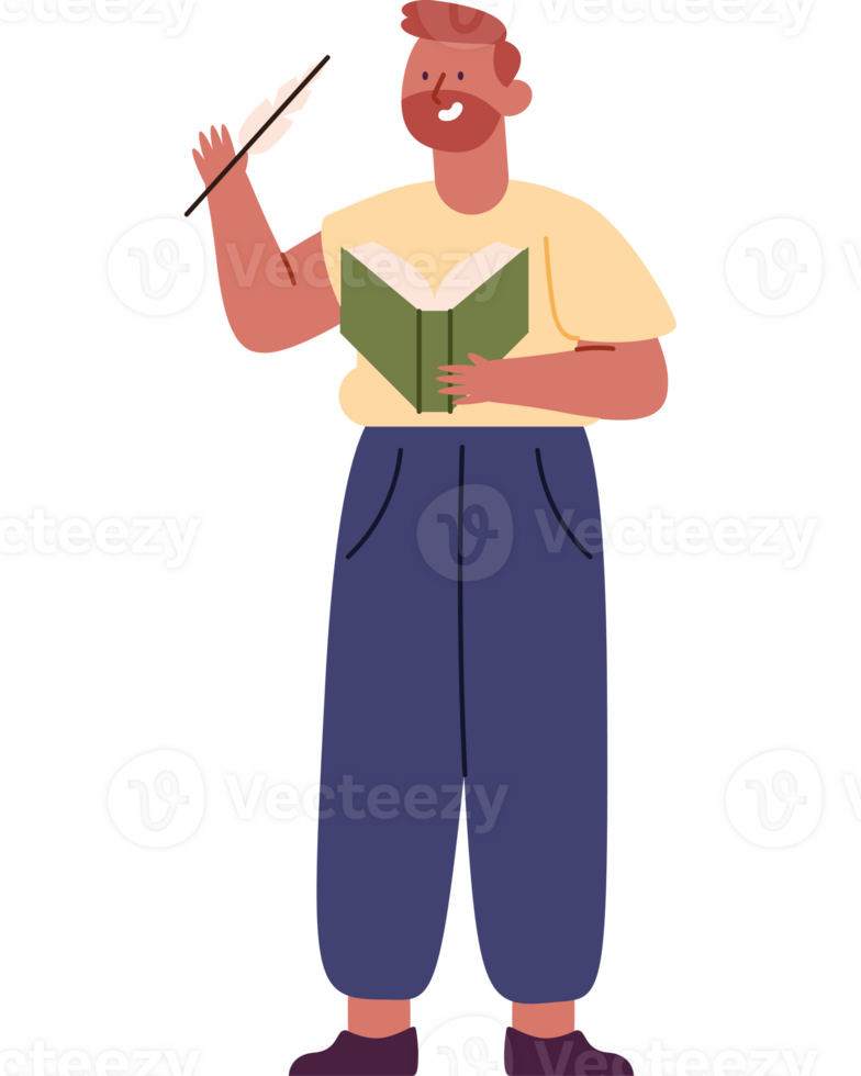 Man reading book with feather in hand png