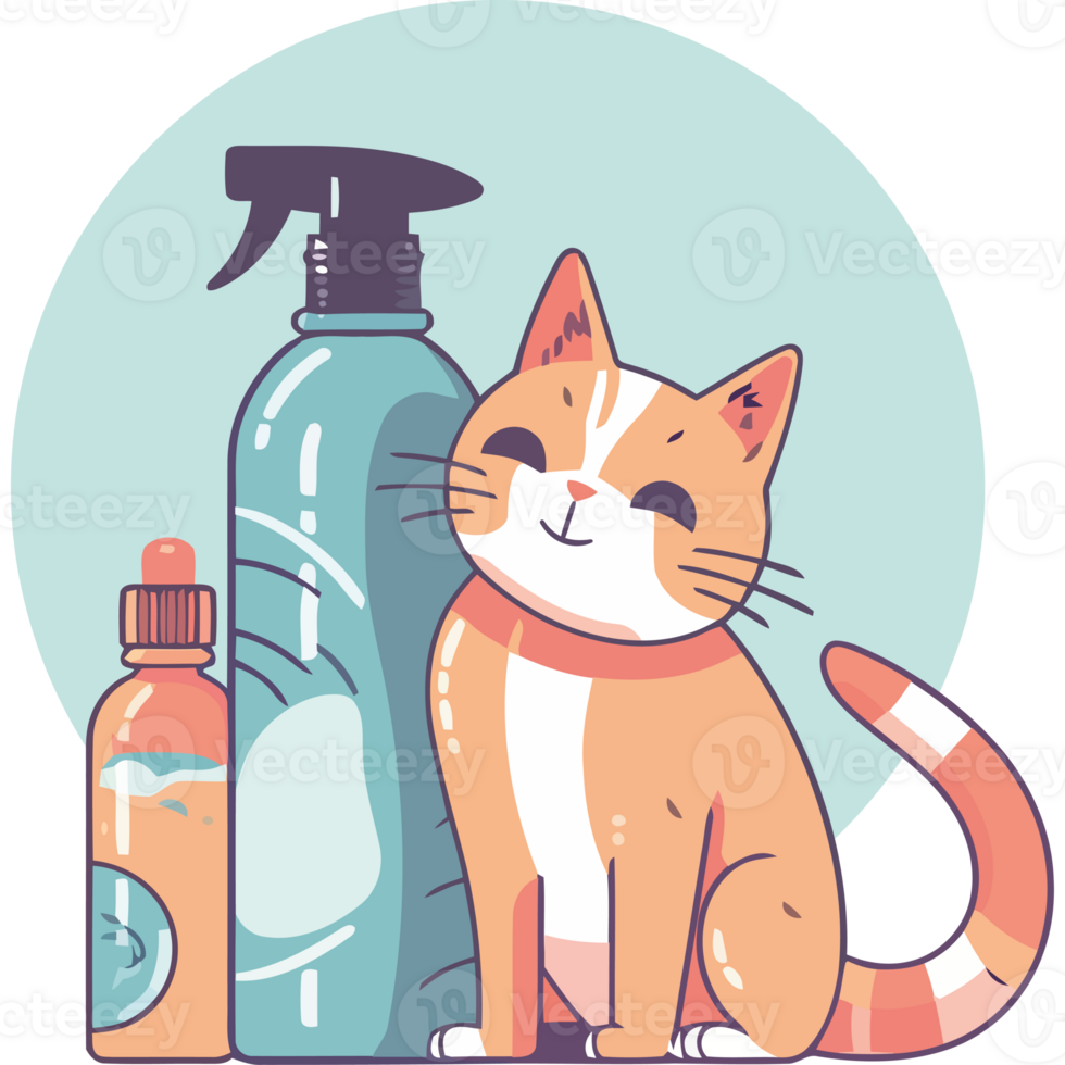 A cat with a bottle of cleaning spray and a bottle of shampoo png