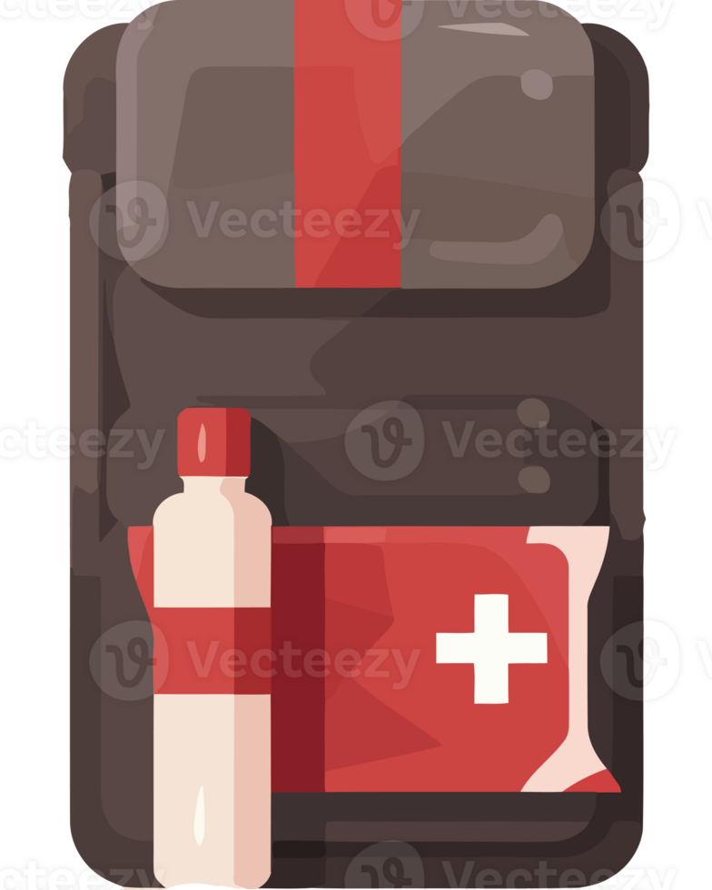 A backpack with a first aid kit and a bottle png