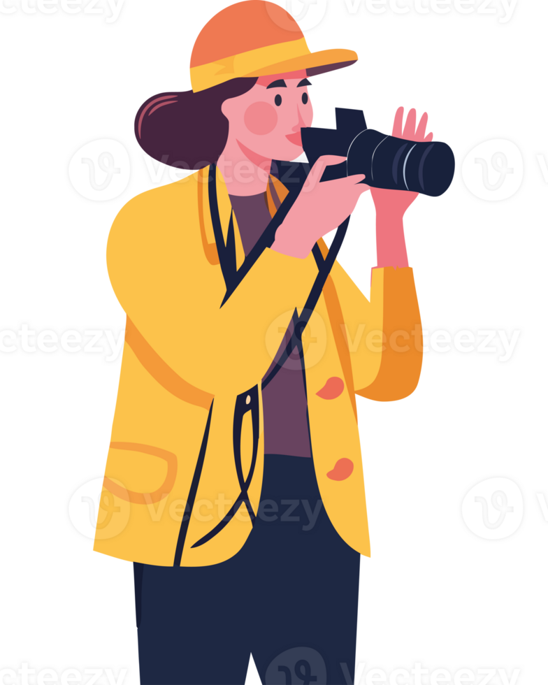 A woman in a yellow jacket and hat is holding a camera png
