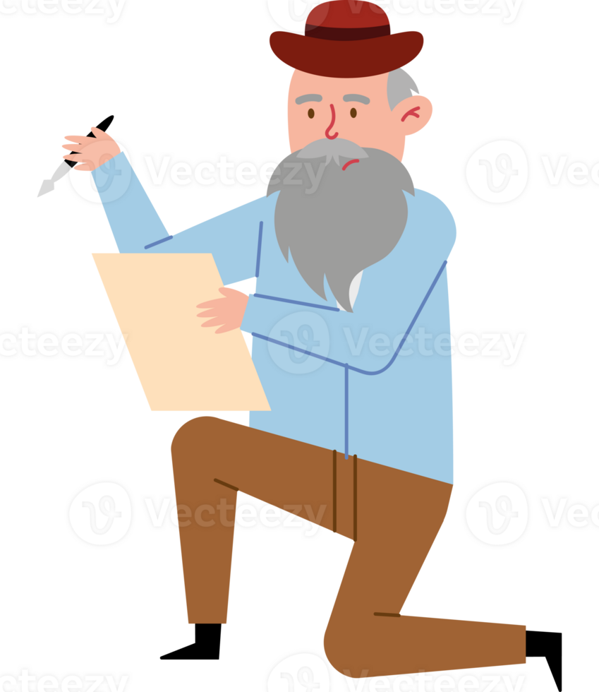 An old man with a beard and hat is holding a piece of paper png