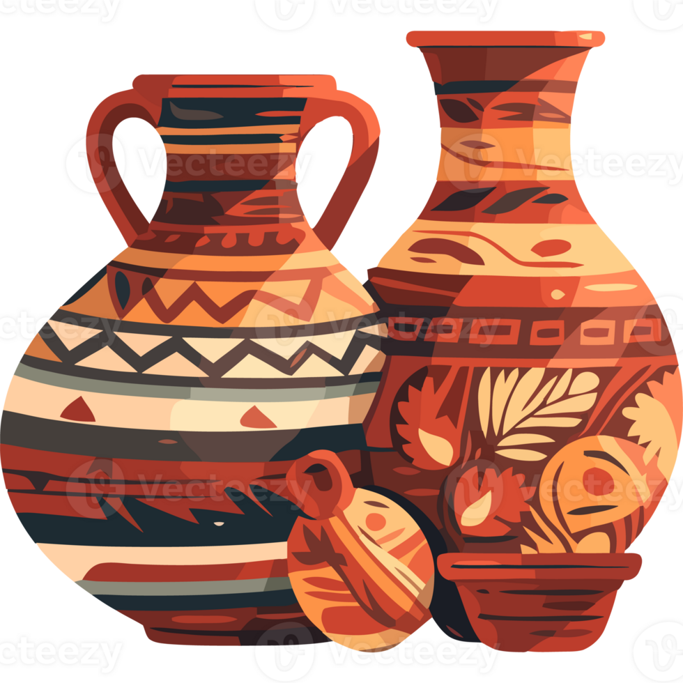 A group of three vases with different designs png
