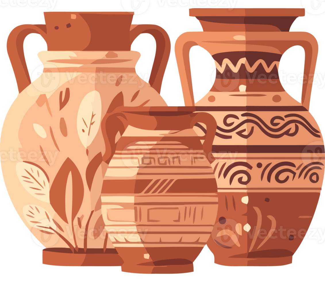 Three vases with designs on them png