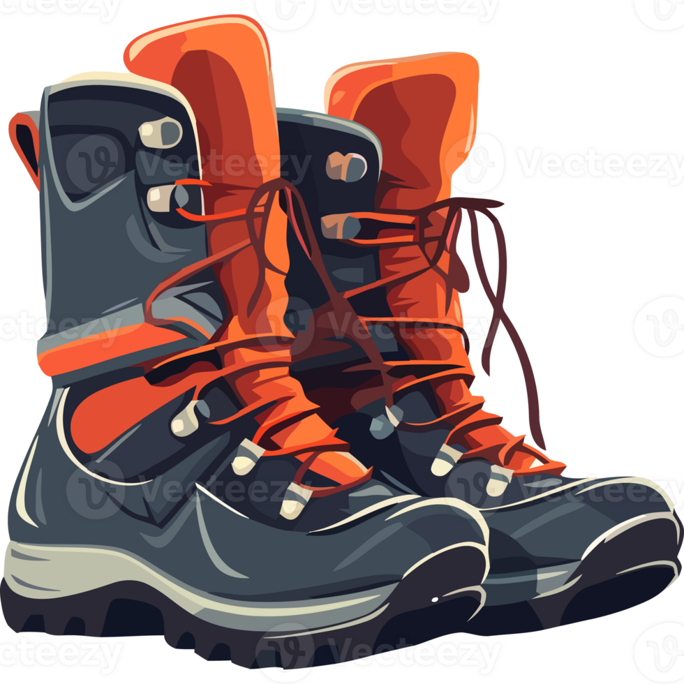 A pair of hiking boots with orange laces png