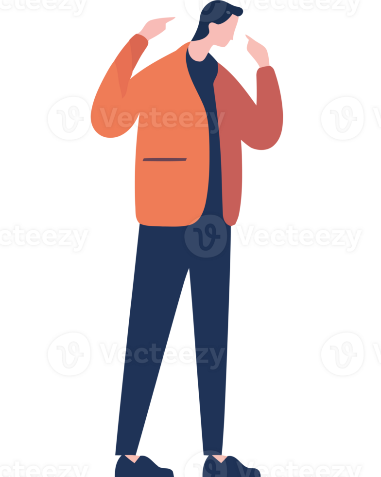 Man in orange jacket and pants standing with his hands on his head png