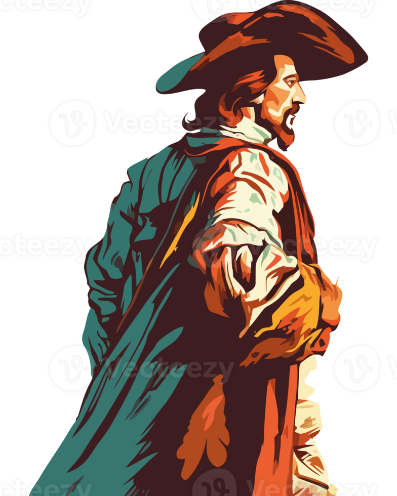 A man in a costume with a hat and cape png
