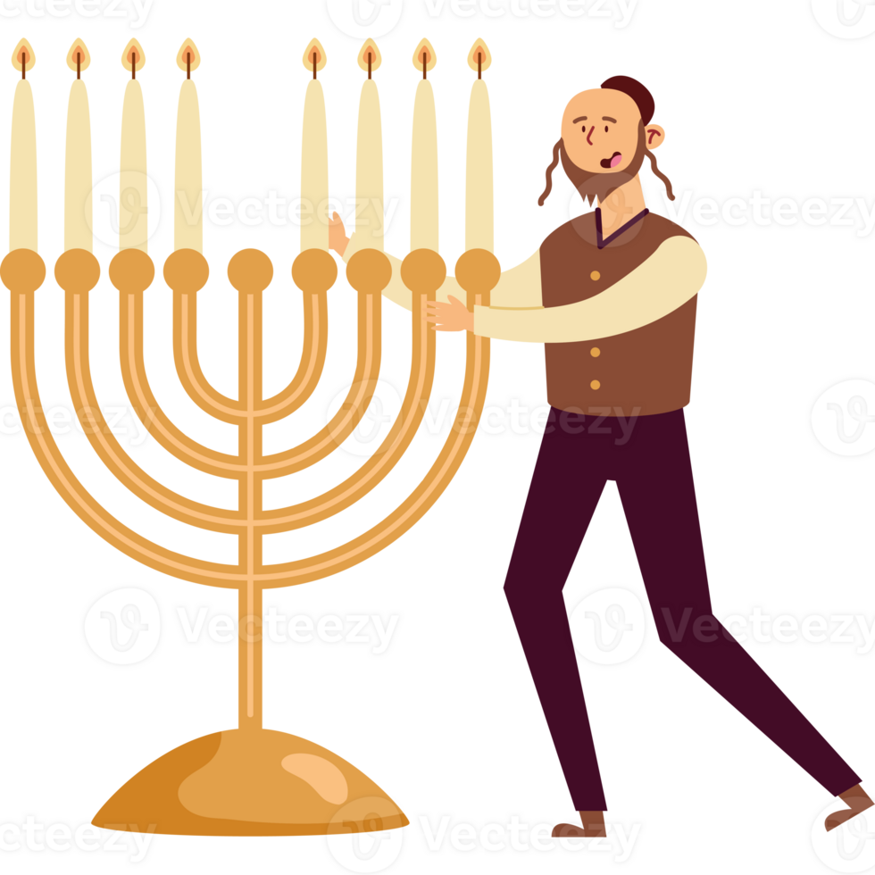 A man holding a candle next to a menorah png