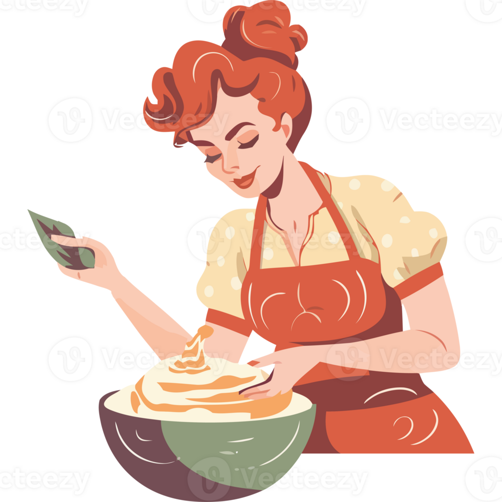 A woman in an apron is making a cake png