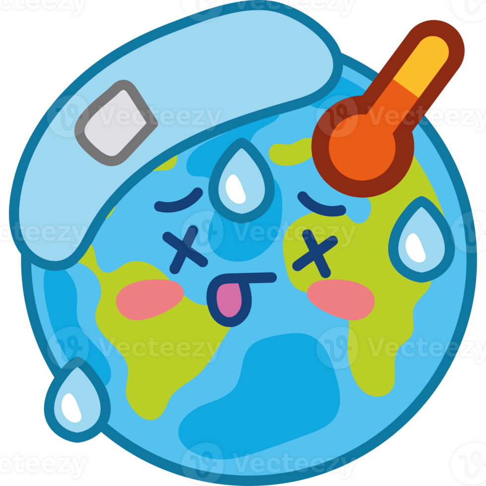 A cartoon earth with a thermometer and a smile png