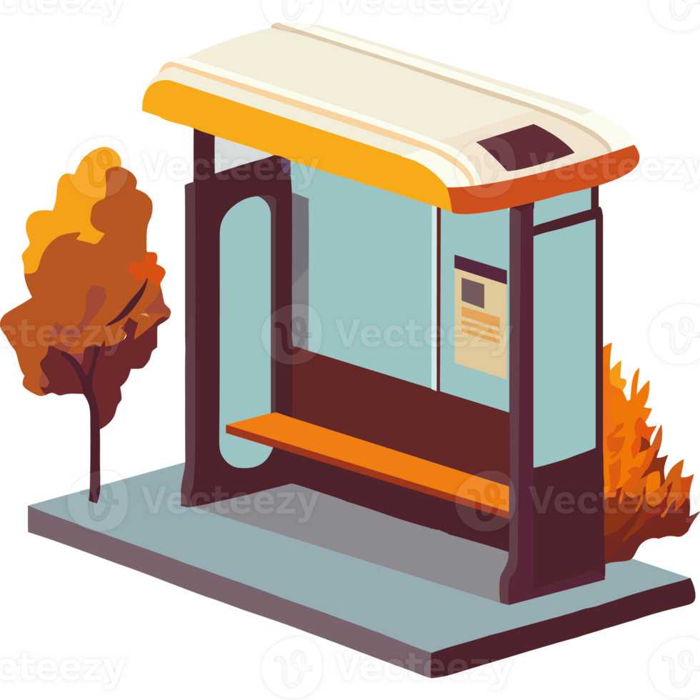 A bus stop with a bench and trees png