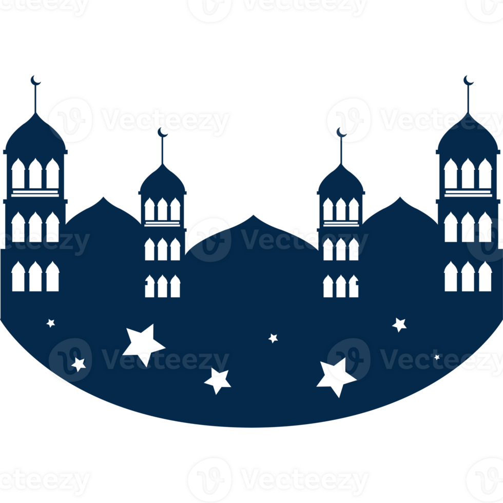 A silhouette of a mosque with stars and moon png
