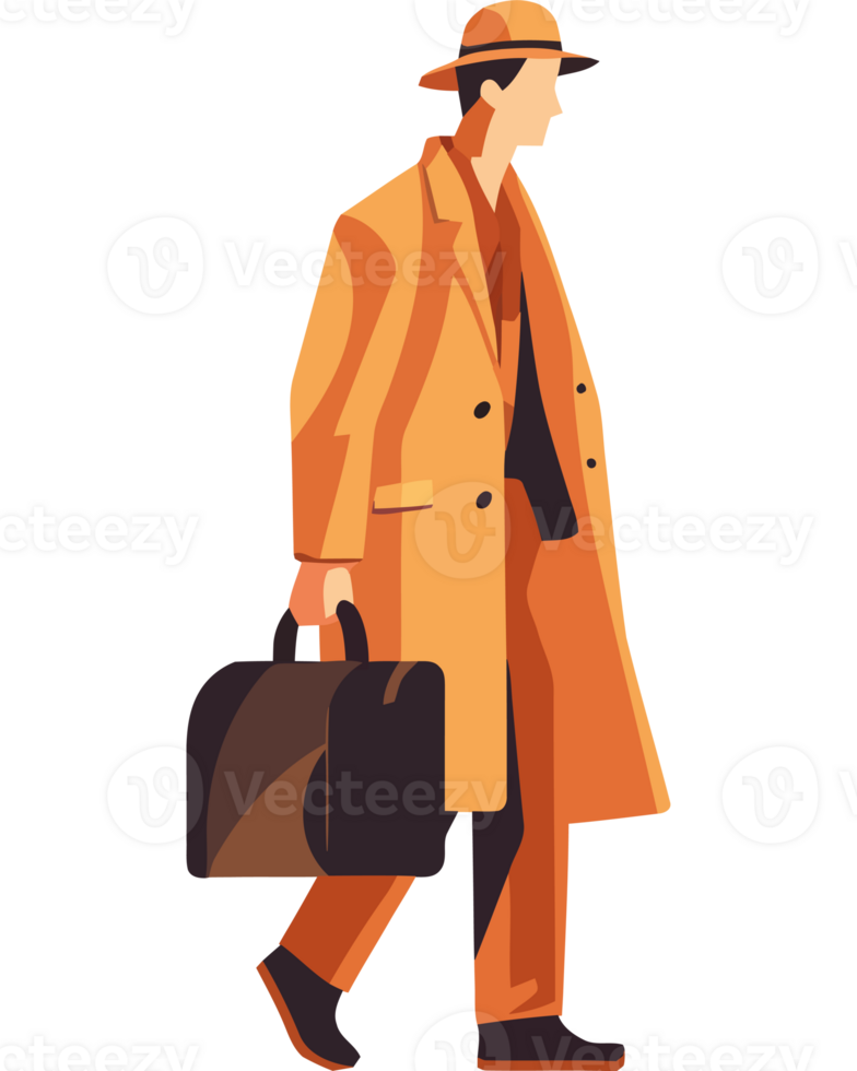 Man in orange coat and hat walking with suitcase png