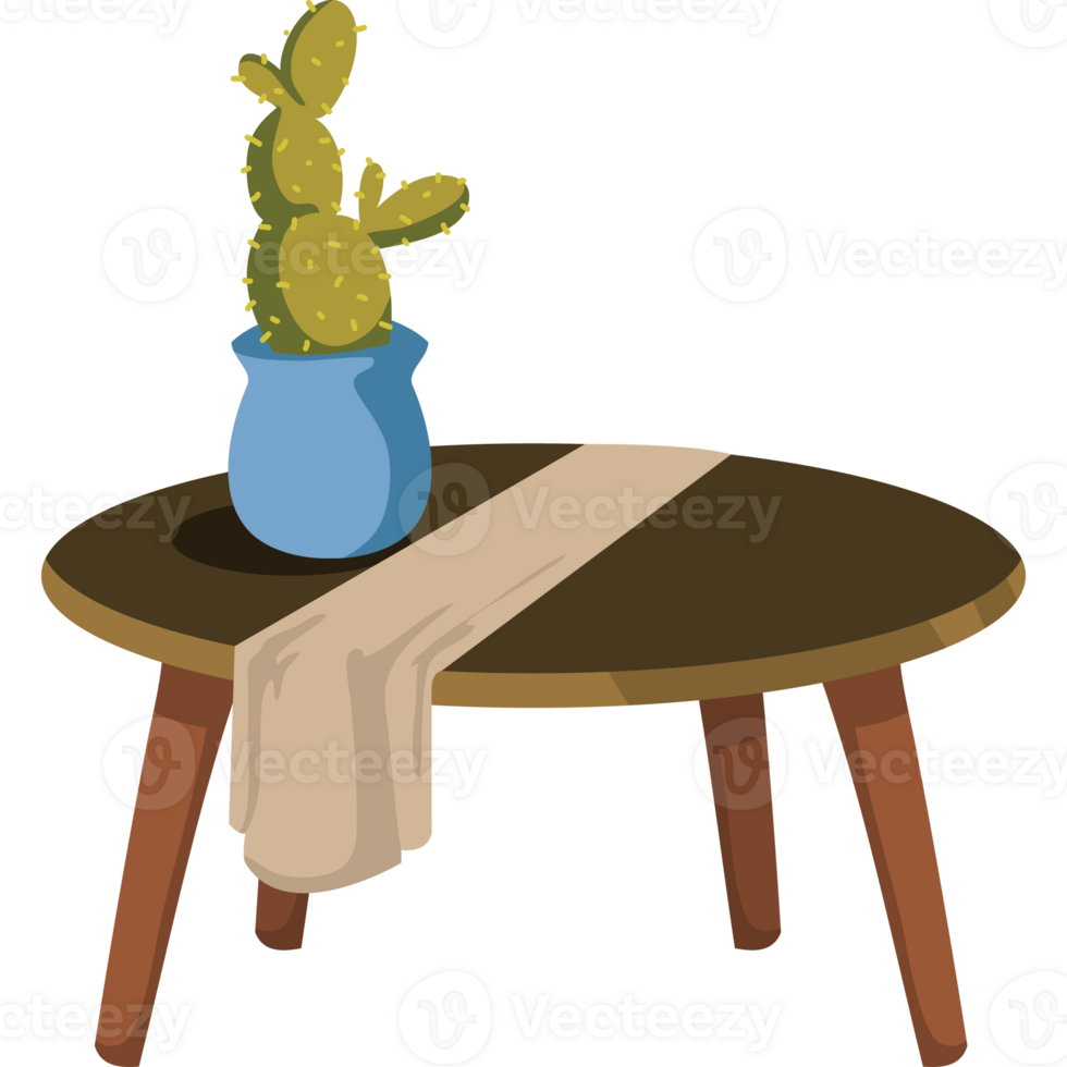 A table with a cactus plant on it png