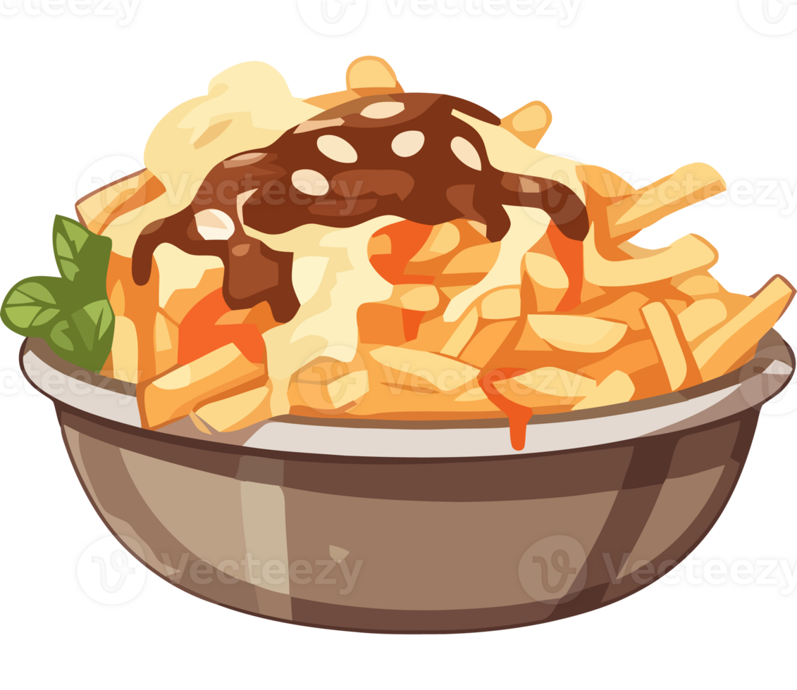 French fries in a bowl with sauce and cheese png