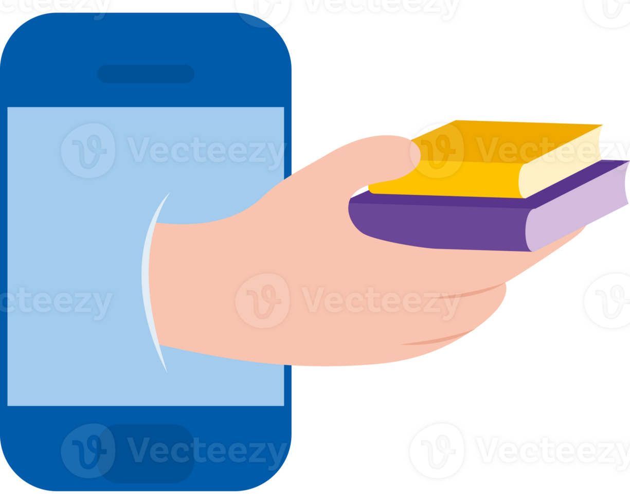 A hand holding a book and a smartphone png