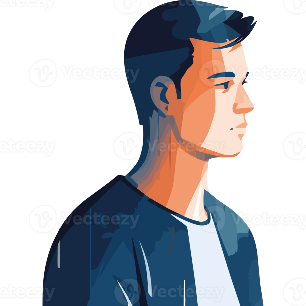 A man in a black jacket and blue shirt png