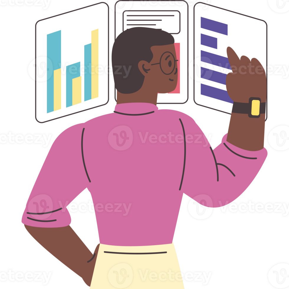 A man in a pink shirt and pink tie is looking at graphs png