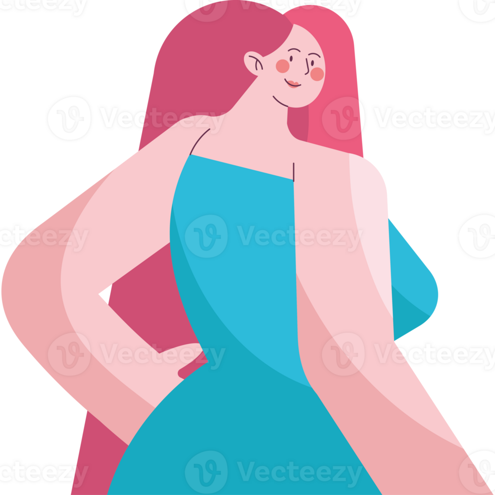 A cartoon woman with pink hair and a blue dress png