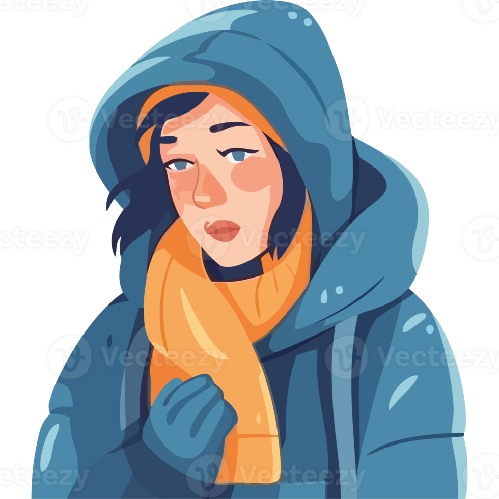 A woman in a blue jacket and orange scarf png