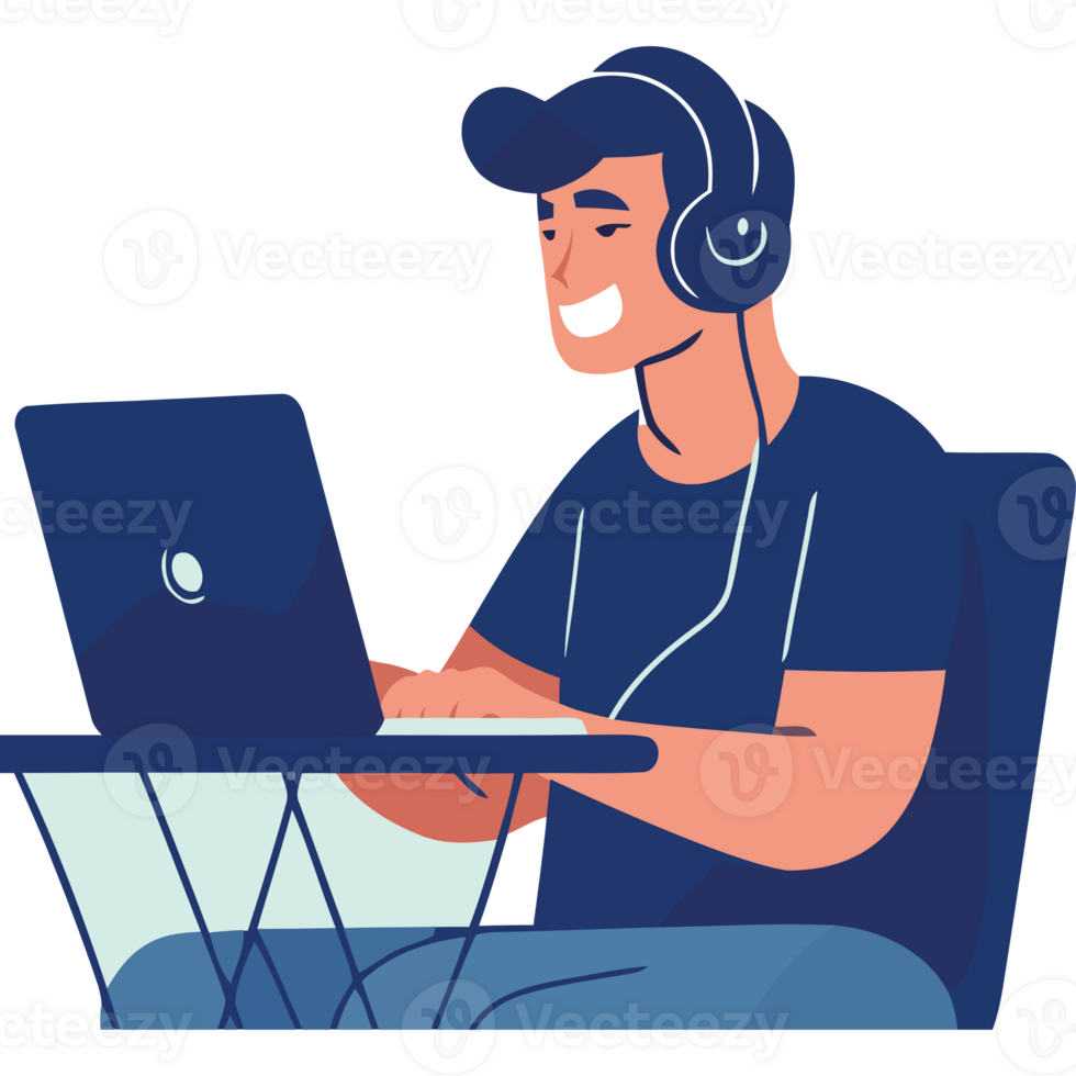A man wearing headphones is sitting at a desk with a laptop png