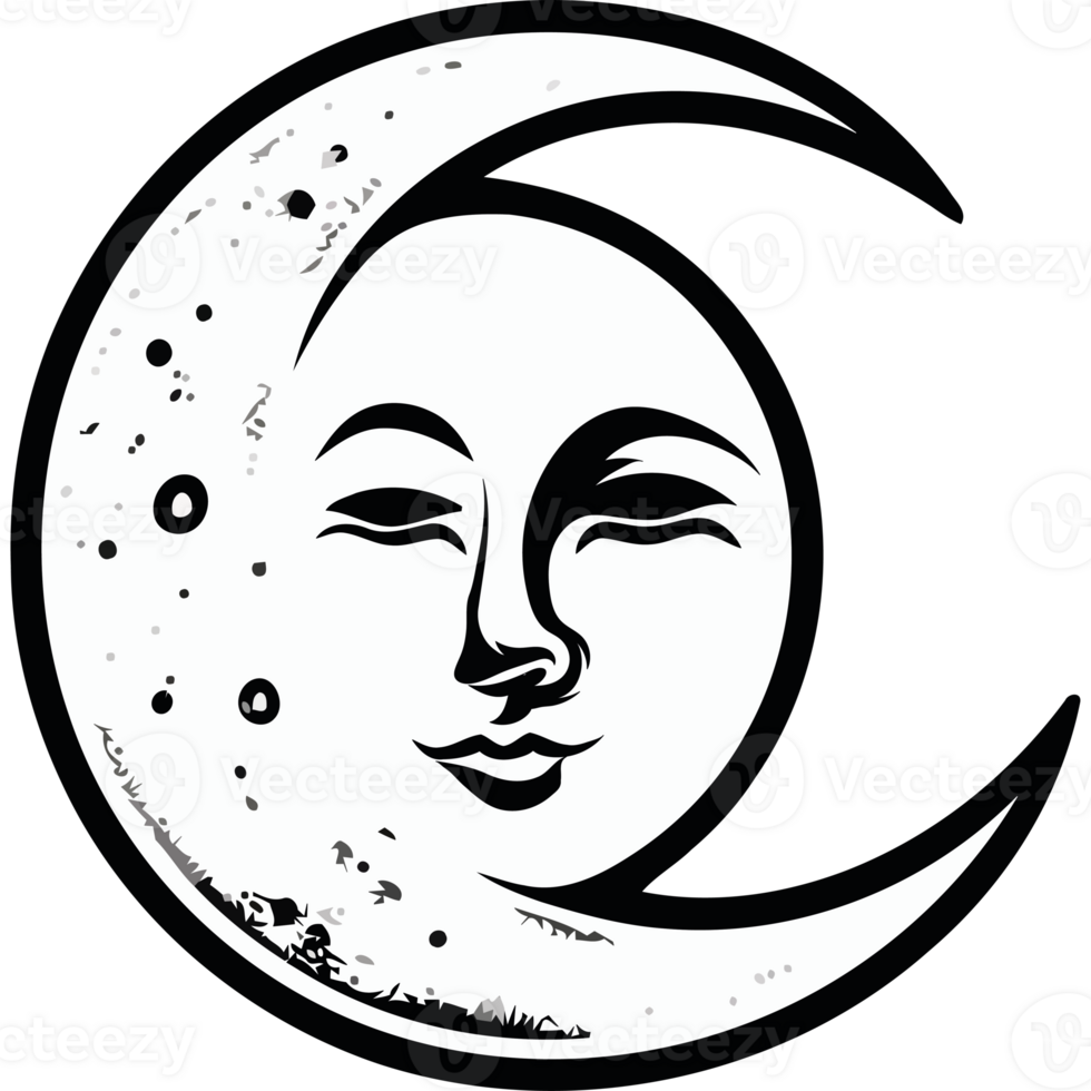 A black and white crescent with a face on it png