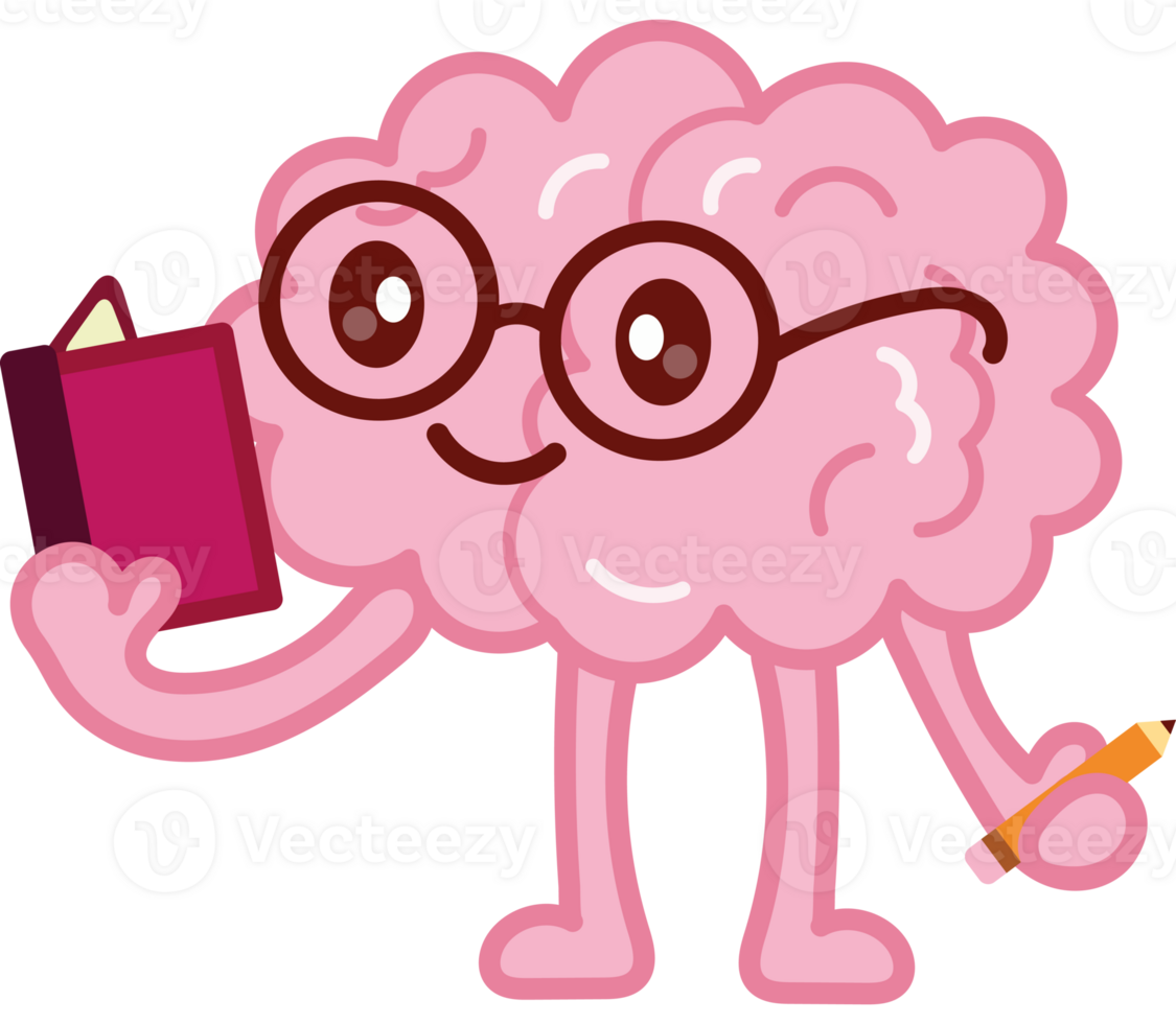A cartoon brain holding a book and glasses png