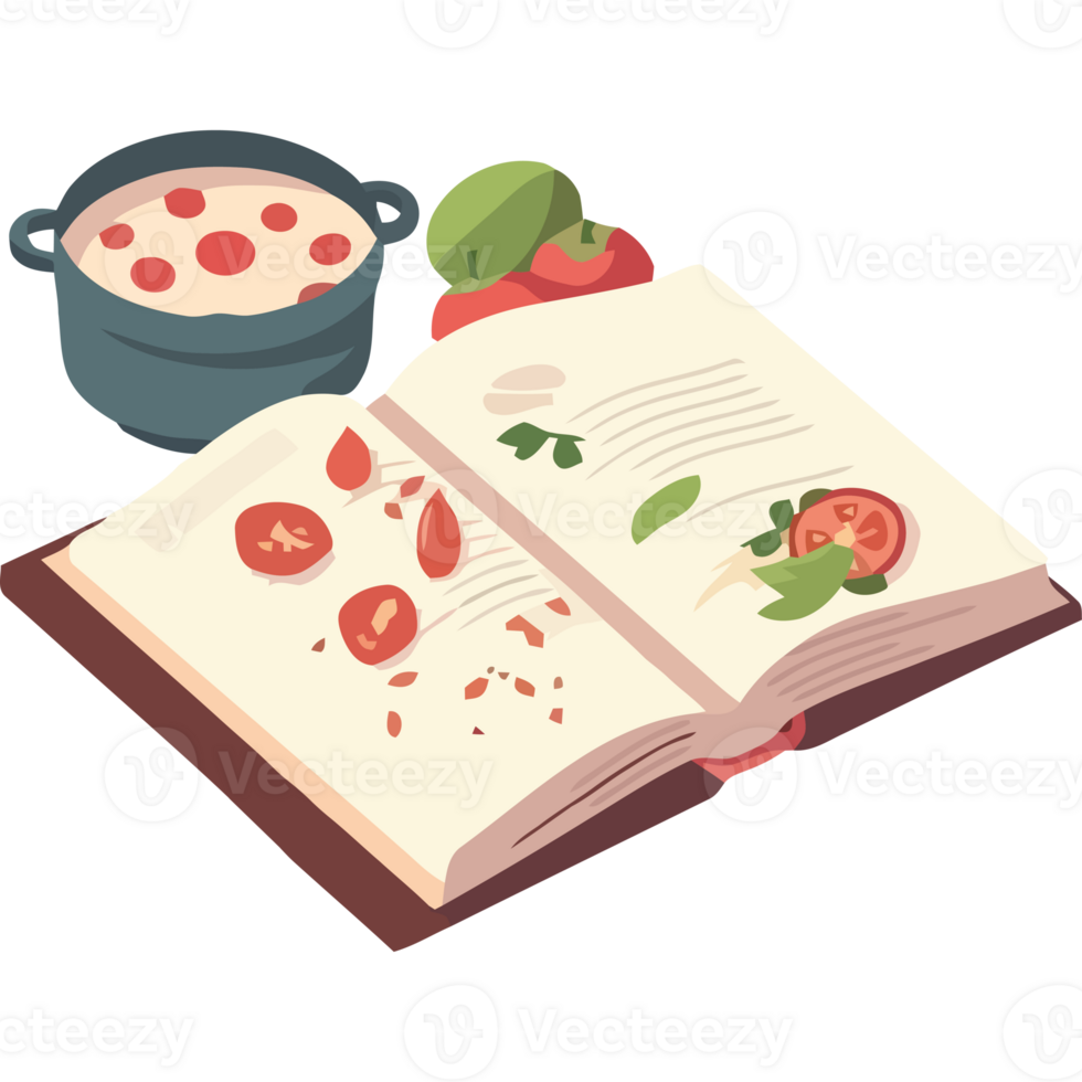 An open book with tomatoes and a pot of sauce png