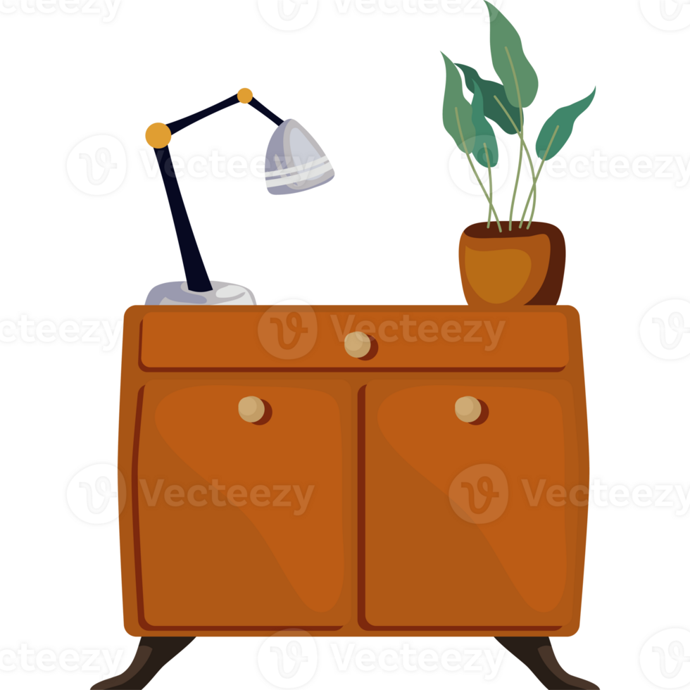An orange cabinet with a lamp and plant png