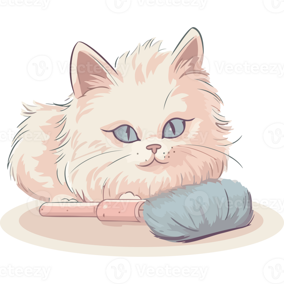 A white cat with blue eyes sitting on a white plate with a brush png